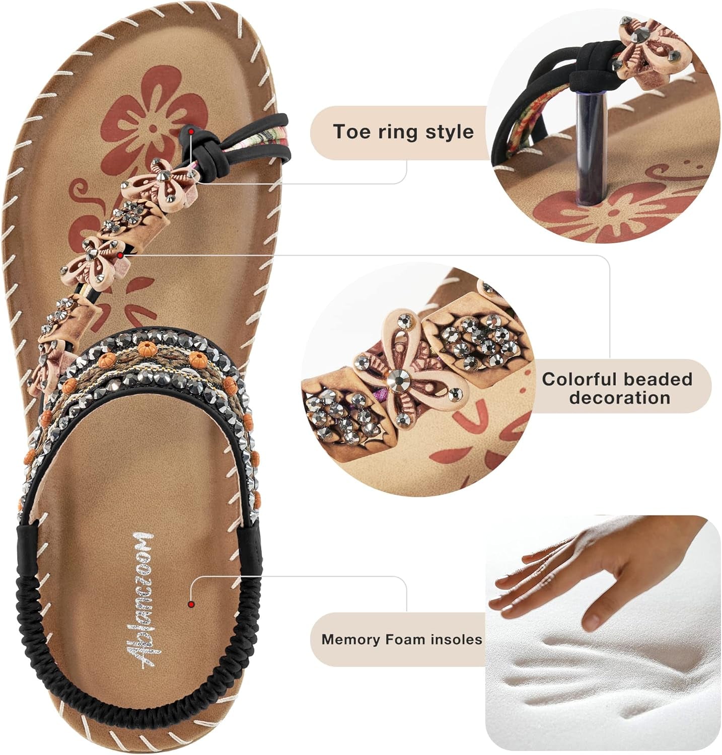 Women's Summer Flat Sandals: Casual Bohemian Beaded Toe Ring Dress Shoes for Comfortable Daily Wear and Vacation Walking