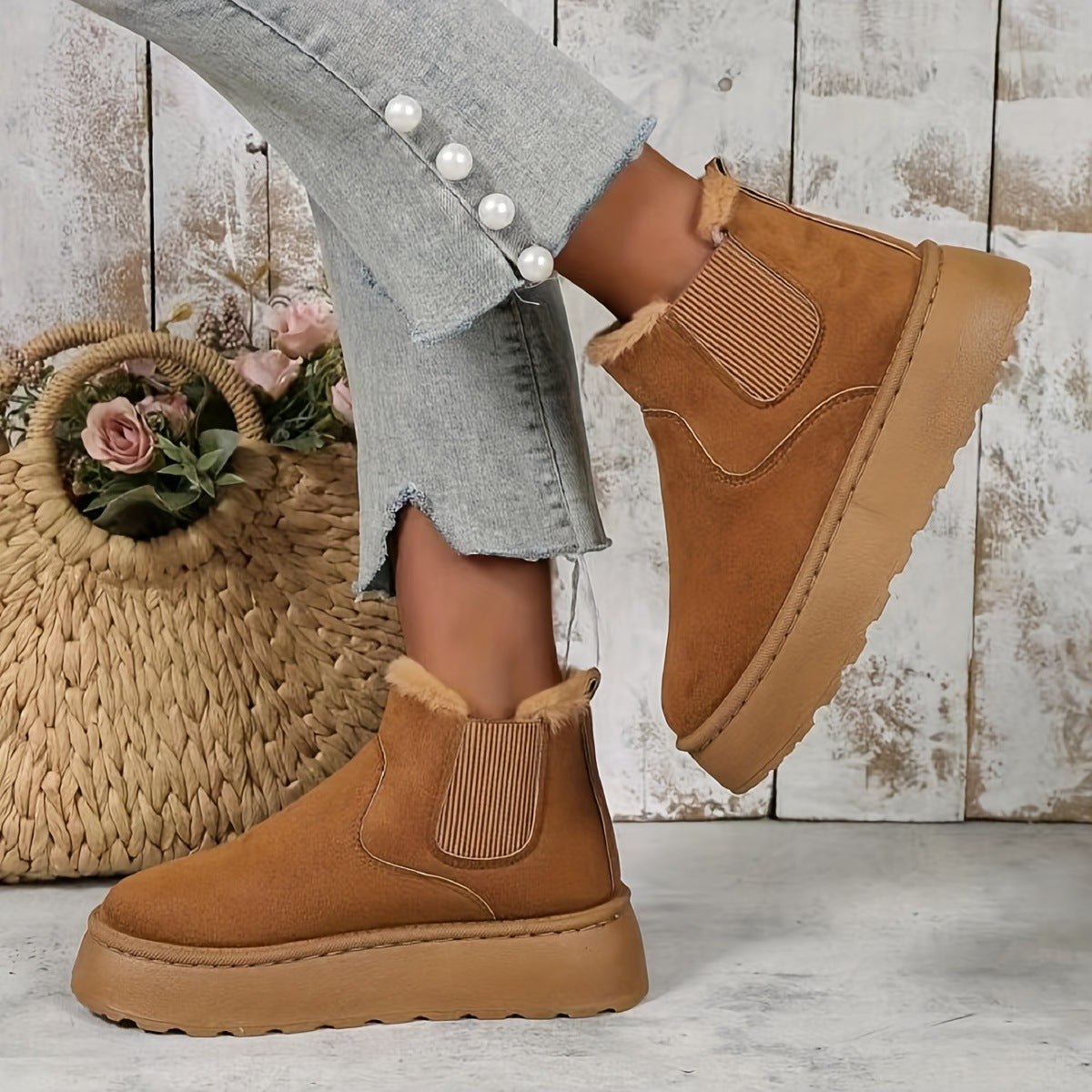 Women'S Plush Boots Winter Warm Fleece Thick Flats Snow Boots Fashion Shoes