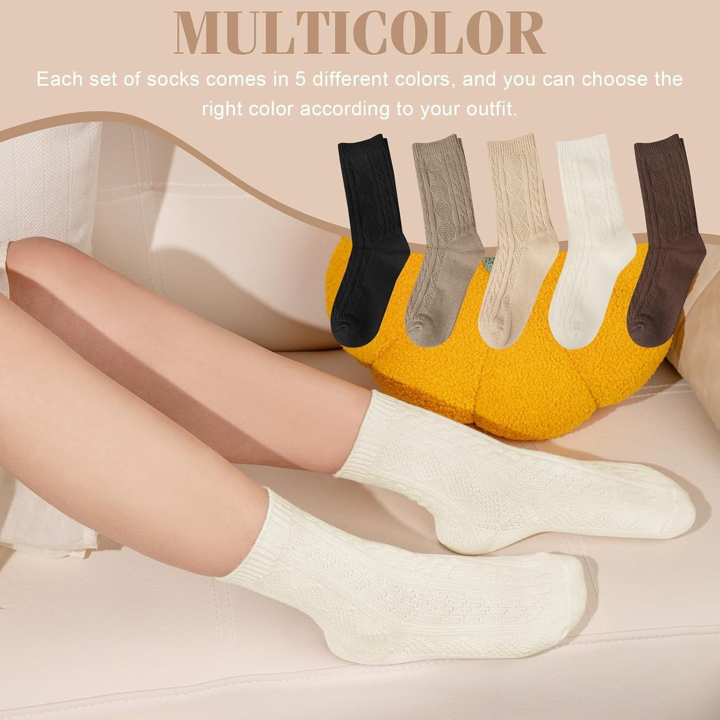 5 Pairs Wool Socks for Women, Winter Warm Cute Cat Crew Socks