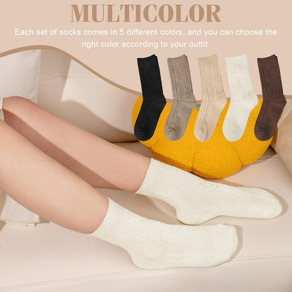 5 Pairs Wool Socks for Women, Winter Warm Cute Cat Crew Socks