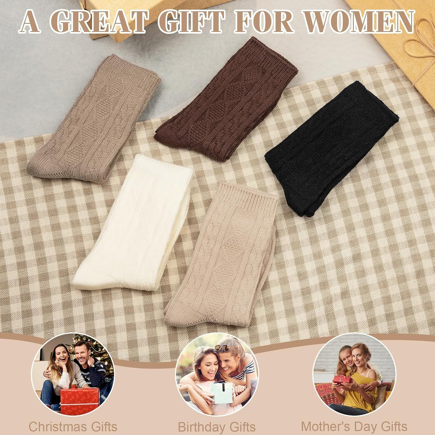 5 Pairs Wool Socks for Women, Winter Warm Cute Cat Crew Socks