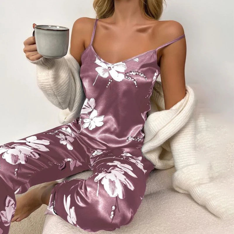 Women'S Pijamas Sexy Lingerie Silk Pajamas Set Sleepwear Satin Cami Vest with Trousers Nightwear Pyjama Femme Pijama Mujer Pj