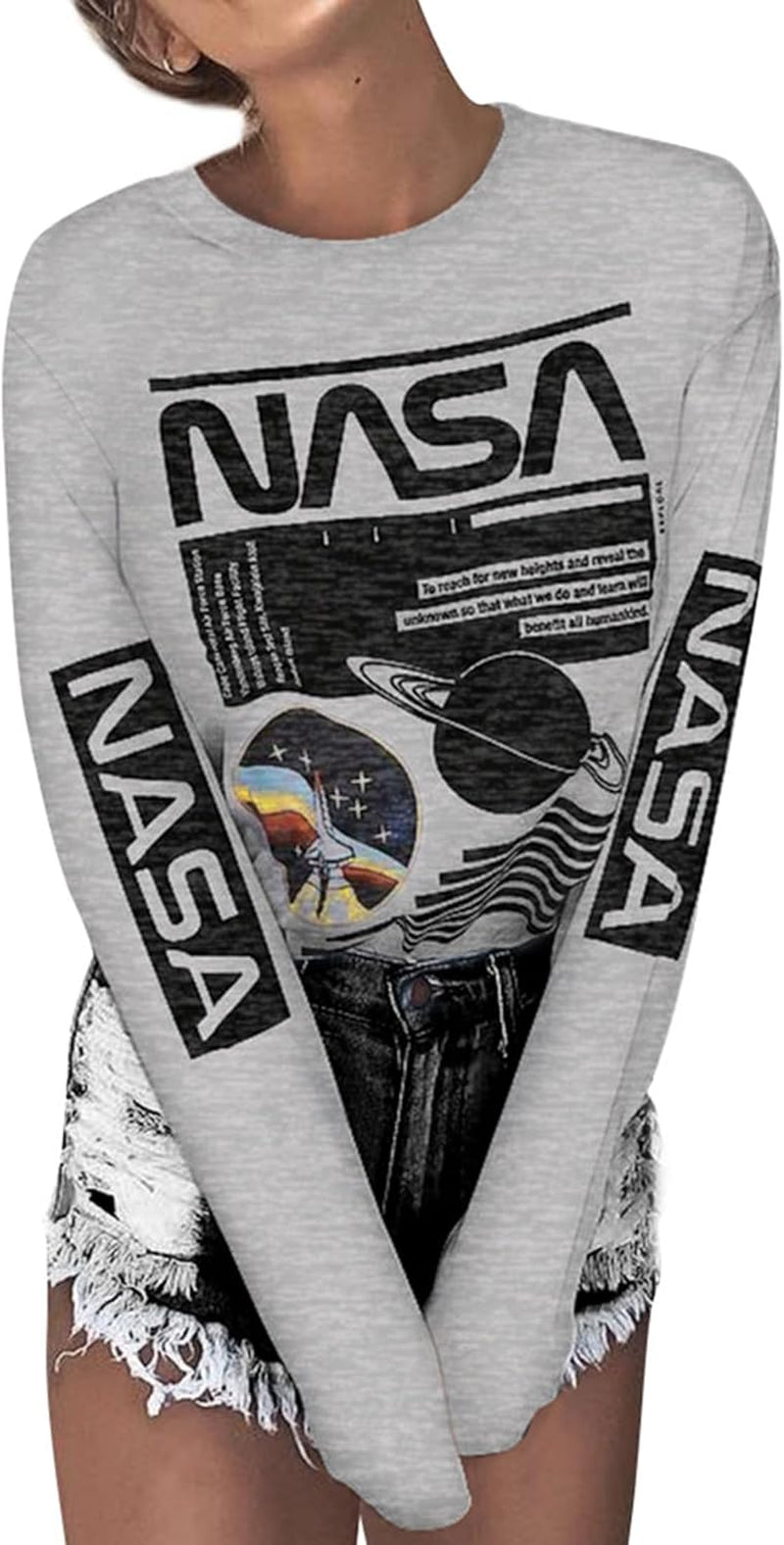 Women Long Sleeve Graphic Shirts NASA Space Letter Print