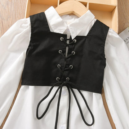 2Pcs Fashion Kids Girls Dress Solid Color Lapel Long Sleeves Shirt Dress + Tied Cross Straps Waistcoat 1-6 Years