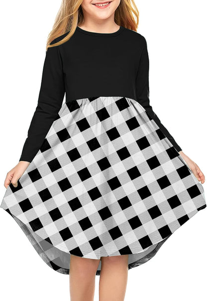 Girls Dress Kids Holiday Casual Long Sleeve High Low Swing Midi Dresses