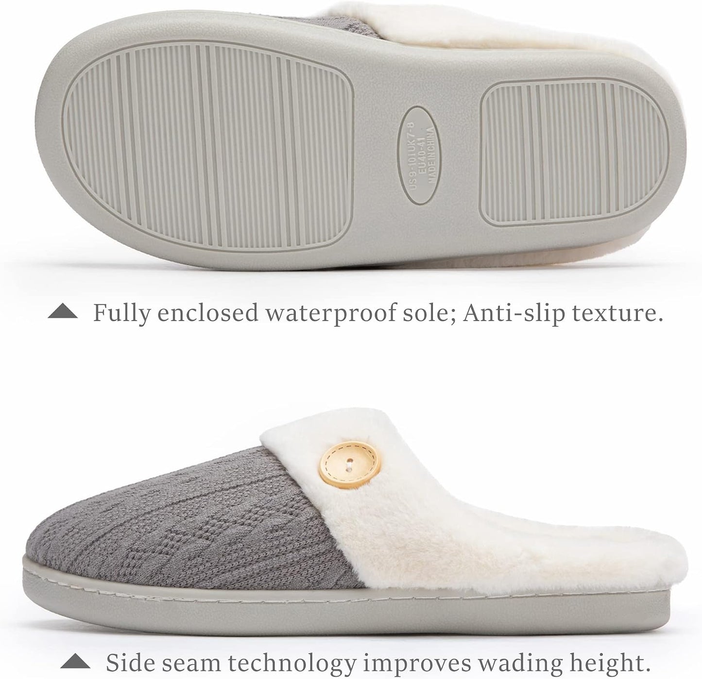 Womens Slipper Warm Comfy Memory Foam House Slippers Knitted Shoes Faux Fur Lined Anti-Skid Rubber Sole Bedroom Cozy Indoor Outdoor Slippers