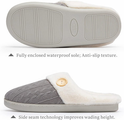 Womens Slipper Warm Comfy Memory Foam House Slippers Knitted Shoes Faux Fur Lined Anti-Skid Rubber Sole Bedroom Cozy Indoor Outdoor Slippers