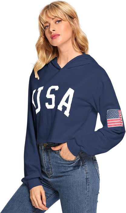 Women'S American Flag Long Sleeve Hoodies Letter Graphic Crop Top Hooded Sweatshirts