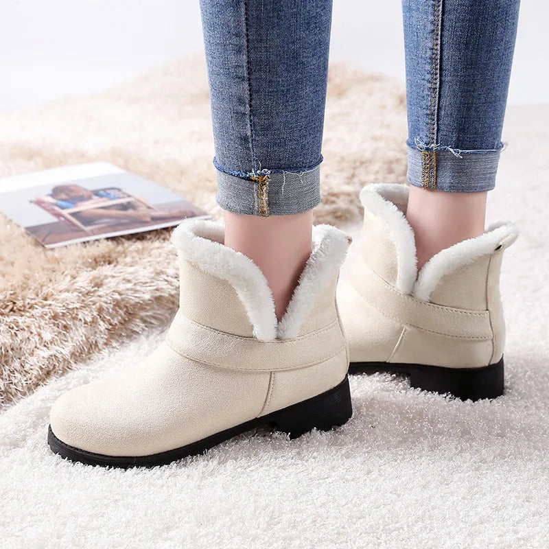 Warm Fur Winter Snow Boots Female Casual Fashion Flock Low Heels Ankle Boots for Women Winter Shoes Black Large Size 45 46