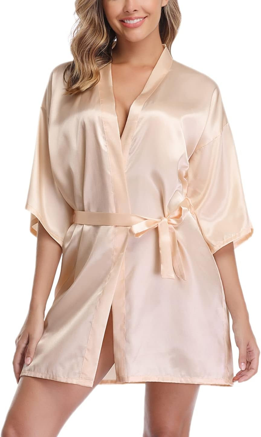 Women'S Satin Robe Short Kimono Bathrobes for Bride & Bridesmaid Wedding Party Robes with Gold Glitter or Rhinestones